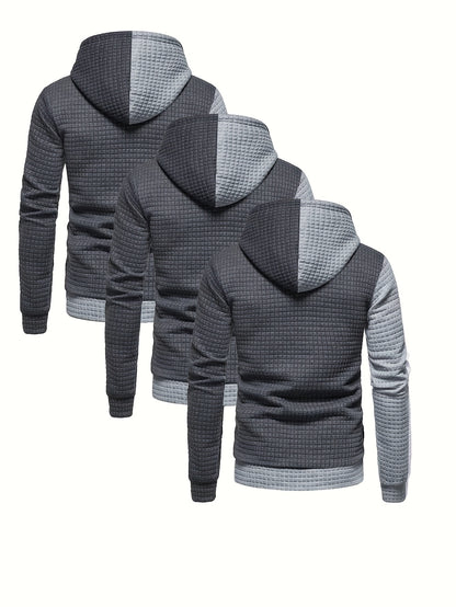 3er-Set kariertes Color-Block-Sporthoodie, vielseitiges Kapuzen-Sweatshirt, lässiges Street-Hoodie.