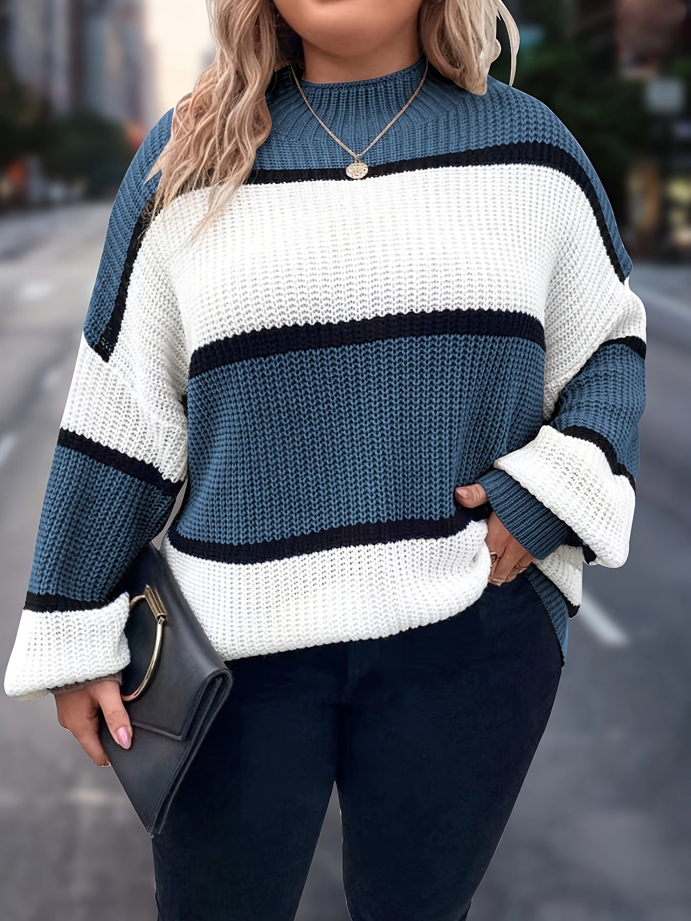 Übergröße, Neuer gestreifter Pullover für Damen Herbst/Winter, Farbblock-Lässig-Stil, Langarmshirt mit Rundhalsausschnitt
