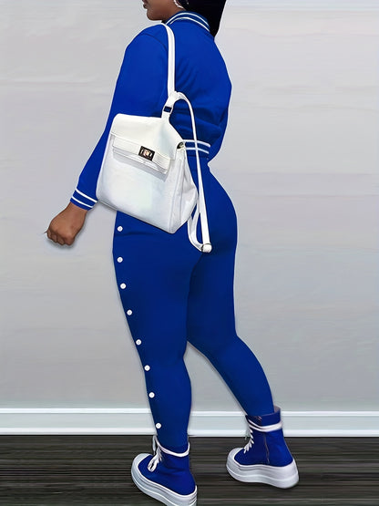 Damen-Set aus roter Jacke und Hose - Lässiges Polyester mit Buchstaben-„B“-Aufnähern, Knopfverschluss und gestreiften Akzenten