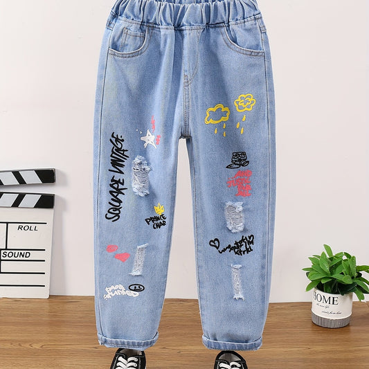 Mädchen Ripped Tapered Jeans, Cartoon-Muster, elastischer Bund, Denim-Jeans Kinderkleidung