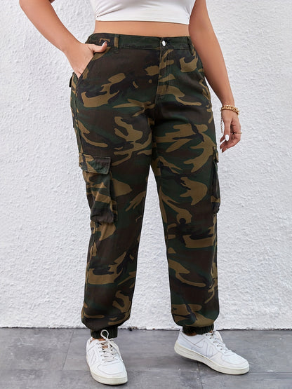 Damen Camouflage Cargo Jeans aus Denim - Hohe Taille, lockere Passform mit mehreren Taschen, elastischer Bund für schlankmachenden Effekt, Streetstyle-Mode, Frühling, SY28029, Große Größen