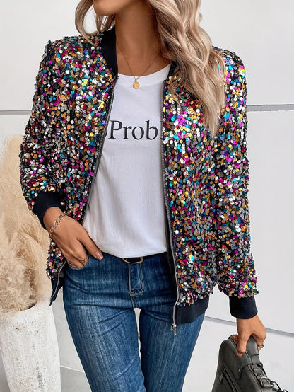 Elegante, mit Pailletten verzierte Damenjacke – schicker Bomber-Stil mit Reißverschluss, Baseballkragen, langen Ärmeln und buntem Punktmuster , aus nicht dehnbarem Polyestergewebe