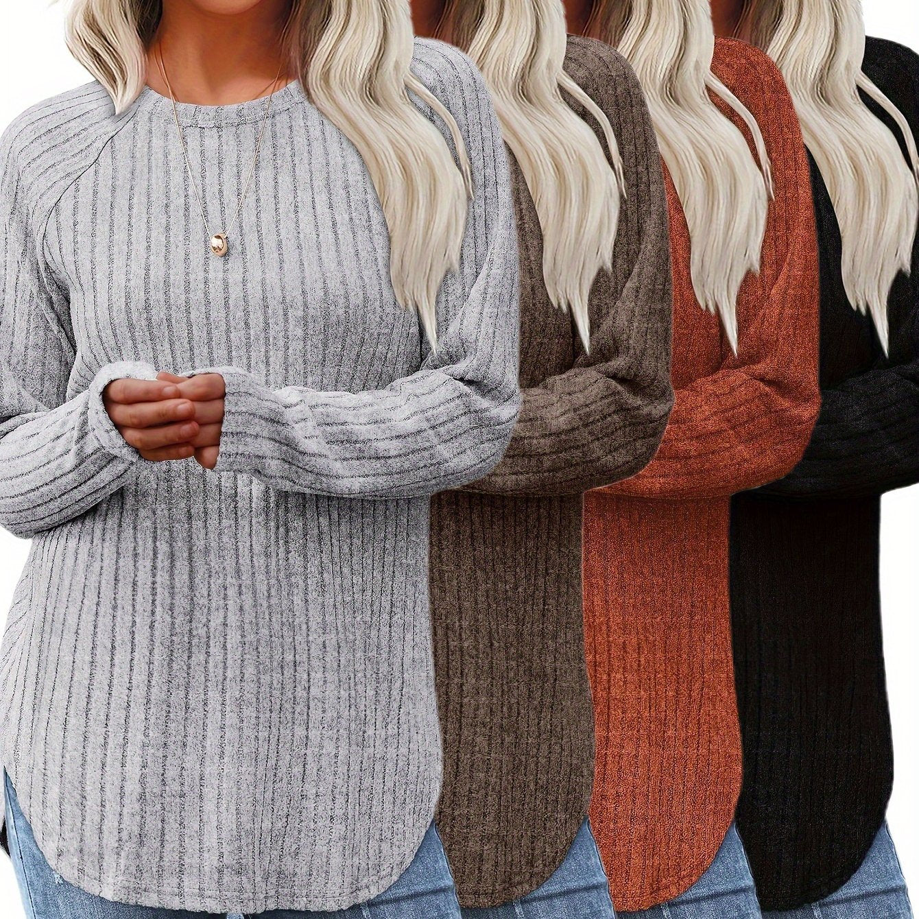 Vierteiliges Set Damenmode Oberteil Herbst Winter Basic Locker Elegant Rundhals Langarm Pullover