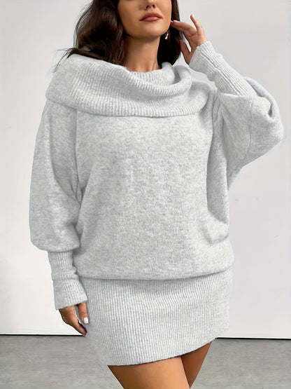 Große Größen, Fierearega lange Version, lässiger Stil, 21. Jahrhundert Stil, graues schulterfreies Kleid mit langen Ärmeln