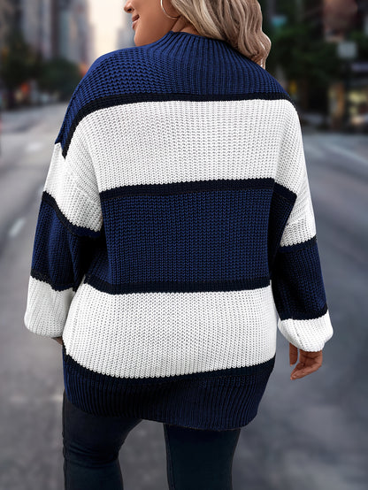 Übergröße, Neuer gestreifter Pullover für Damen Herbst/Winter, Farbblock-Lässig-Stil, Langarmshirt mit Rundhalsausschnitt