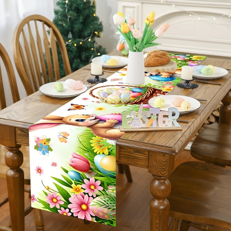 1 Stk. Frühling Oster-Tischdecke, lebendige Hasen, Eier, Blumen & Schmetterlings-Design Tischdecke, saisonale Frühlings-Küchen- und Esstischdekoration, Feiertags-Party-Outdoor-Dekor, Frohe Ostern Dekorationen für Zuhause, Landhausstil