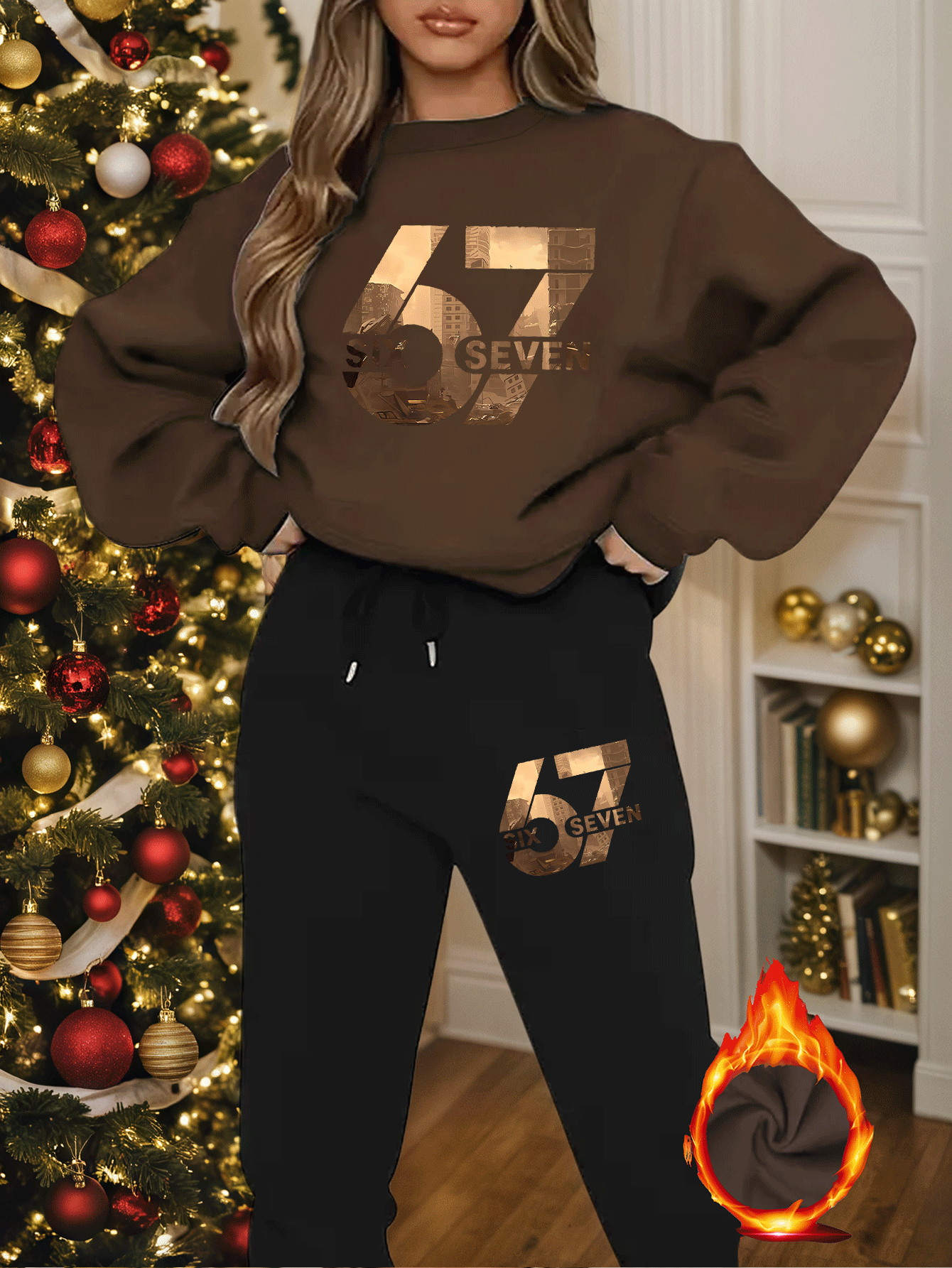 2 Teile SIX SEVEN Bedruckter Y2K-Stil Elegante Lässige Damen-Sportbekleidung | Fleece Pullover mit Rundhalsausschnitt und Langarm sowie Lange Hose Set