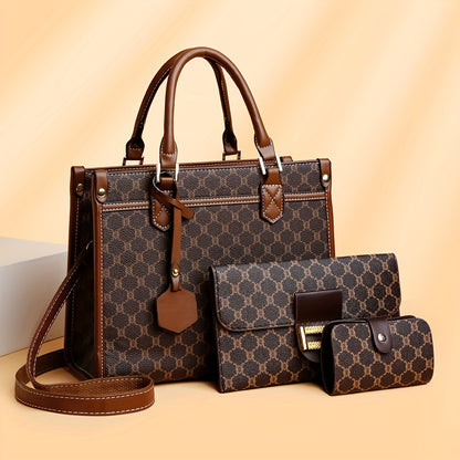 3-piece set for women: luxury tote, wallet &amp; handbag – designer bag collection with large capacity in grey/dark brown/white | Versatile bags for everyday use &amp; special occasions, elegant women's handbags, small women's wallet