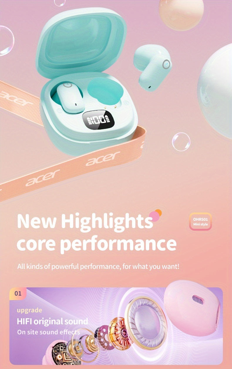 [Acer Offiziell Original] TWS Kabellose Ohrhörer mit Tiefbass-Stereo + Geräuschunterdrückung bei Anrufen, Ultra lange Akkulaufzeit, In-Ear-Design für Sport und Laufen, Mini und kompakt, HIFI-Sound, leichtes Touch-Bedienung