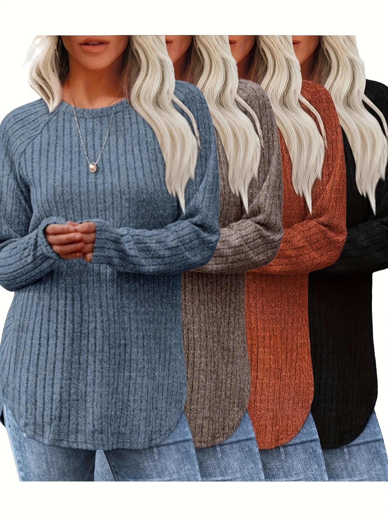 Vierteiliges Set Damenmode Oberteil Herbst Winter Basic Locker Elegant Rundhals Langarm Pullover