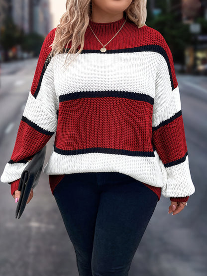 Übergröße, Neuer gestreifter Pullover für Damen Herbst/Winter, Farbblock-Lässig-Stil, Langarmshirt mit Rundhalsausschnitt