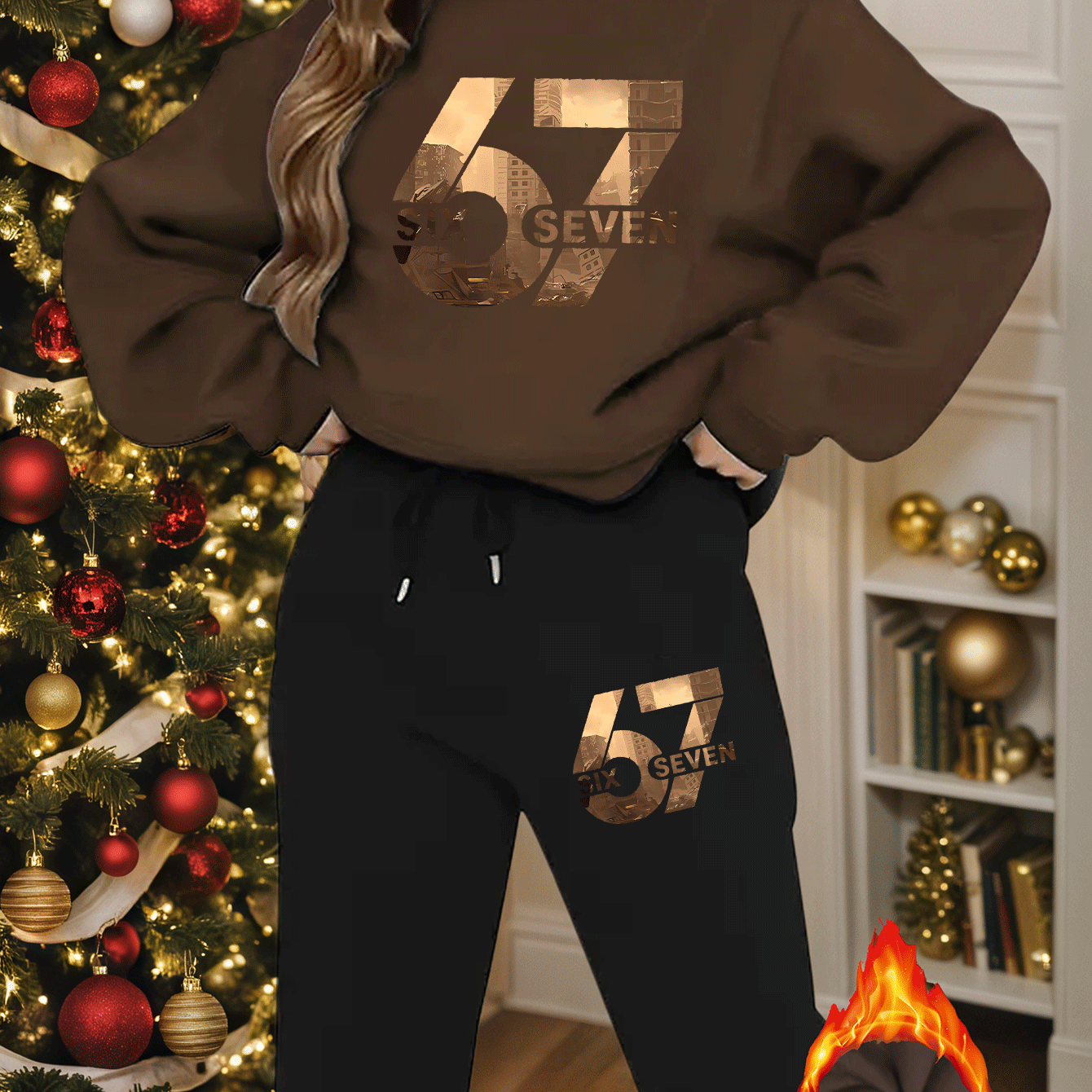 2 Teile SIX SEVEN Bedruckter Y2K-Stil Elegante Lässige Damen-Sportbekleidung | Fleece Pullover mit Rundhalsausschnitt und Langarm sowie Lange Hose Set