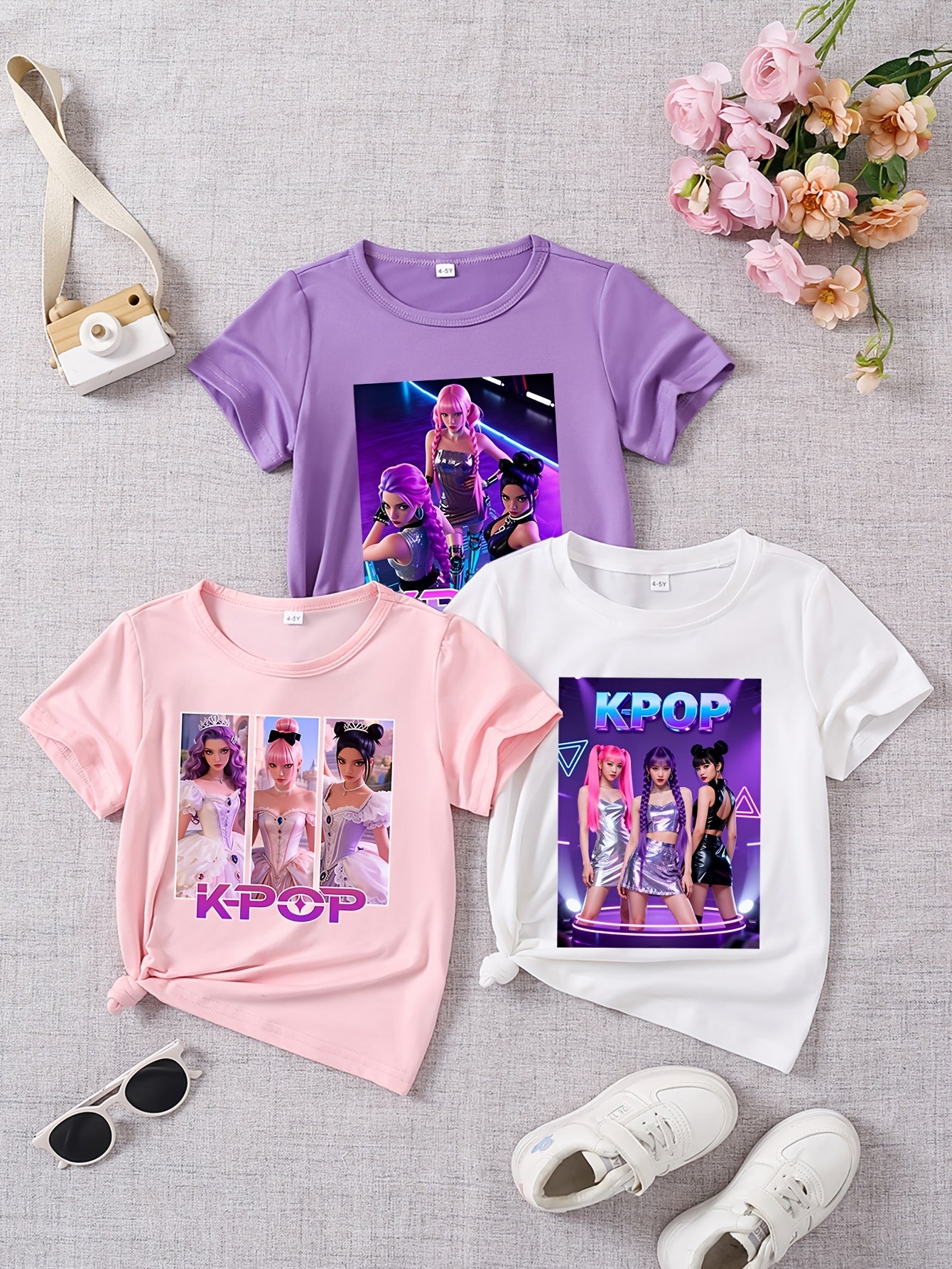 3 Stück Mädchen Sommer Kurzarm "K-POP Prinzessin Süßer Cooler Stil" Cartoon Print T-Shirts | Rundhalsausschnitt, Reguläre Passform, Lässige Strickoberteile für Mädchen