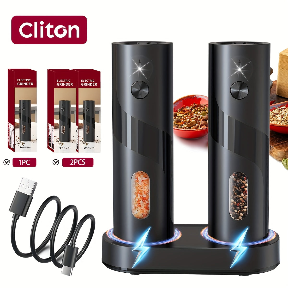 1 oder 2-teilige - Elektonische Salz/Pfeffermühle ,Edelstahl , USB-aufladbar (2er Set mit Aufladestation) , Licht
