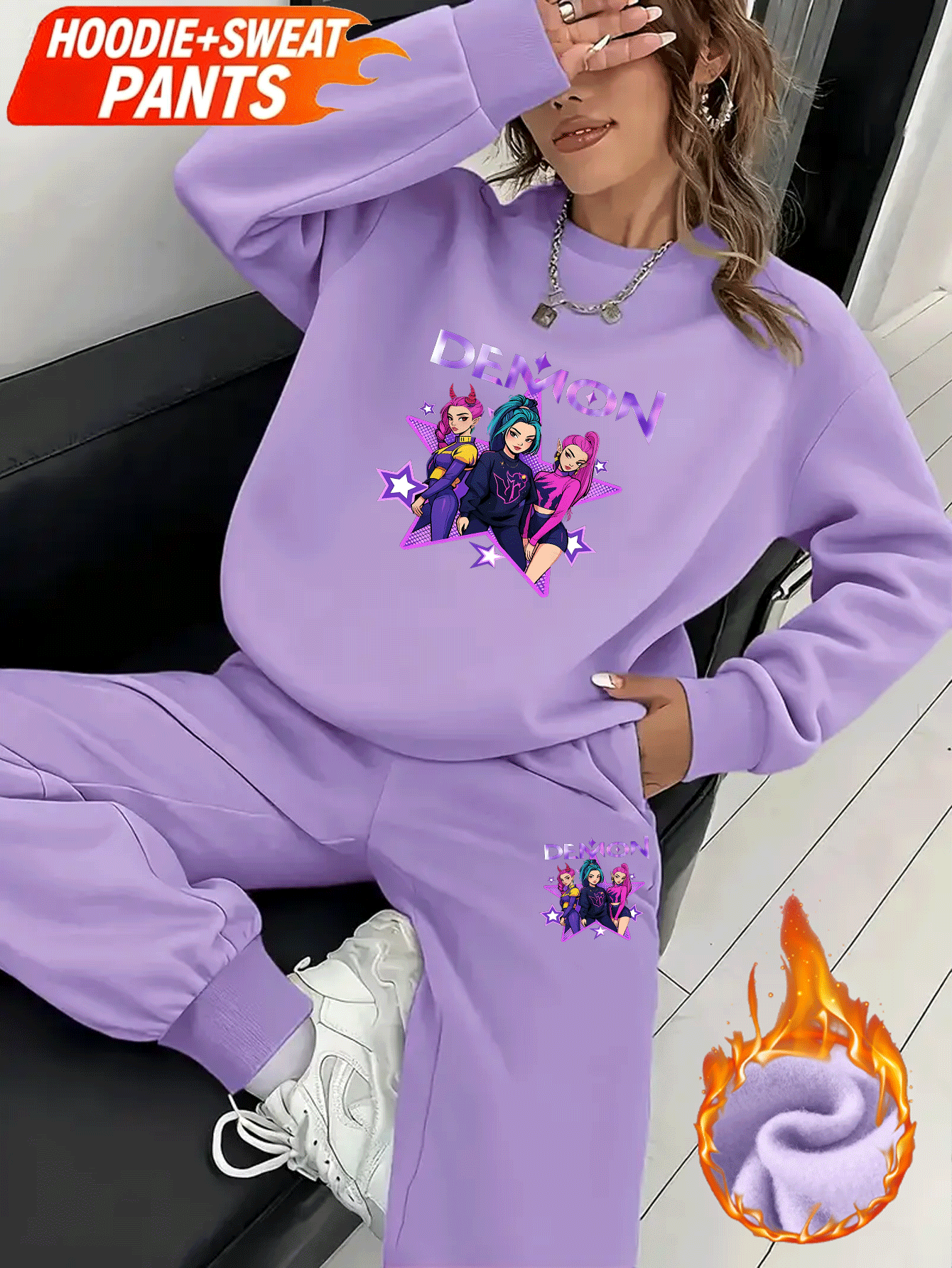 Sweatshirt/Sweatpants Set, Futter aus Fleece und kreativen „HUNTERS“-Charakterdrucken, Jogginganzug, mit Fleece gefüttert und verdickt warmes Sweatshirt