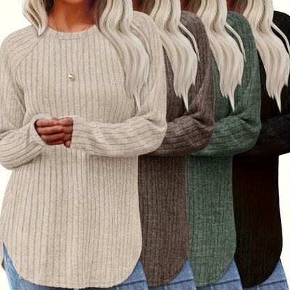 Vierteiliges Set Damenmode Oberteil Herbst Winter Basic Locker Elegant Rundhals Langarm Pullover