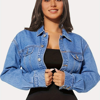 Einreihige Jeansjacke mit langen Ärmeln und Kragen, Oversize-Design mit Klappentaschen, kurze Jeansjacke, Damen-Jeans und Kleidung