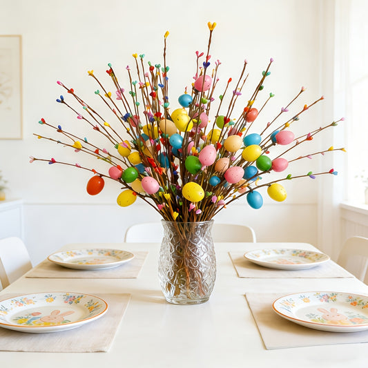 42-teiliges Set - Ostern bunte Beerenzweige + Osterei-Stiele - Frühling Künstliche Blumen, DIY-Kränze, Hasenohren und Eiersuchdekorationen, Wohnkultur, Geeignet für Ostern, Frühling