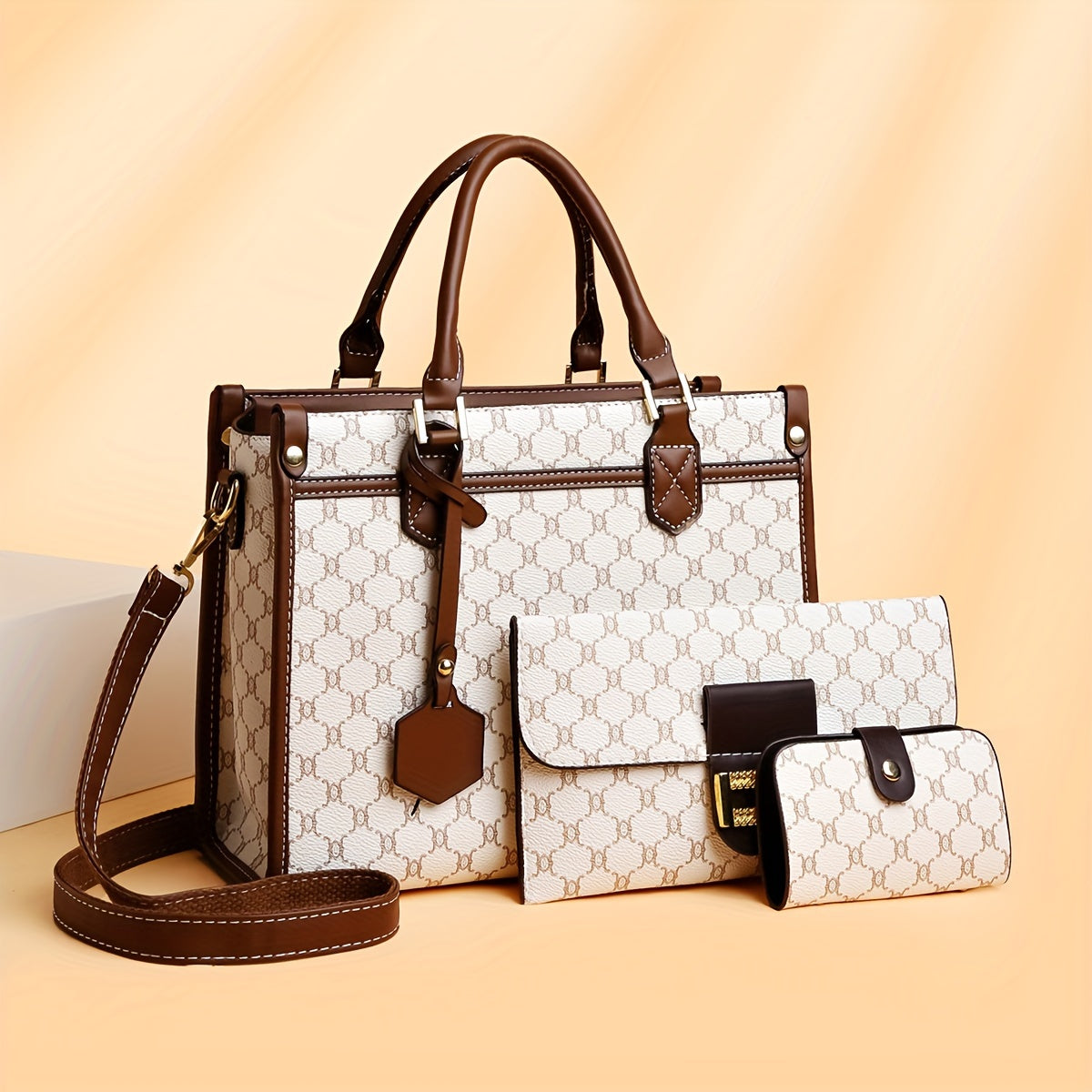 3-piece set for women: luxury tote, wallet &amp; handbag – designer bag collection with large capacity in grey/dark brown/white | Versatile bags for everyday use &amp; special occasions, elegant women's handbags, small women's wallet