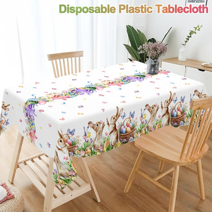 1 Stück festliche Tischdecke mit verspielten Motiven von Hasen, Ostereiern und Tulpen, Maße 130 x 220 cm. Diese Einweg-Kunststoff-Tischdecke in rechteckiger Form ist perfekt für Osterfeiern, Picknicks und heimisches Essen.