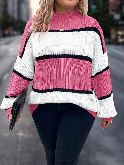 Übergröße, Neuer gestreifter Pullover für Damen Herbst/Winter, Farbblock-Lässig-Stil, Langarmshirt mit Rundhalsausschnitt