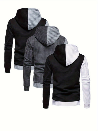 3er-Set kariertes Color-Block-Sporthoodie, vielseitiges Kapuzen-Sweatshirt, lässiges Street-Hoodie.