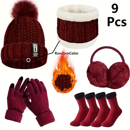 9-teiliges Winter-Warm-Up-Set für Weihnachts-Outdoorsport: Warme Mütze, Halswärmer, Touchscreen-Handschuhe, Thermo-Hand- und Fußschutz, weiche Ohrenschützer & Bodensocken