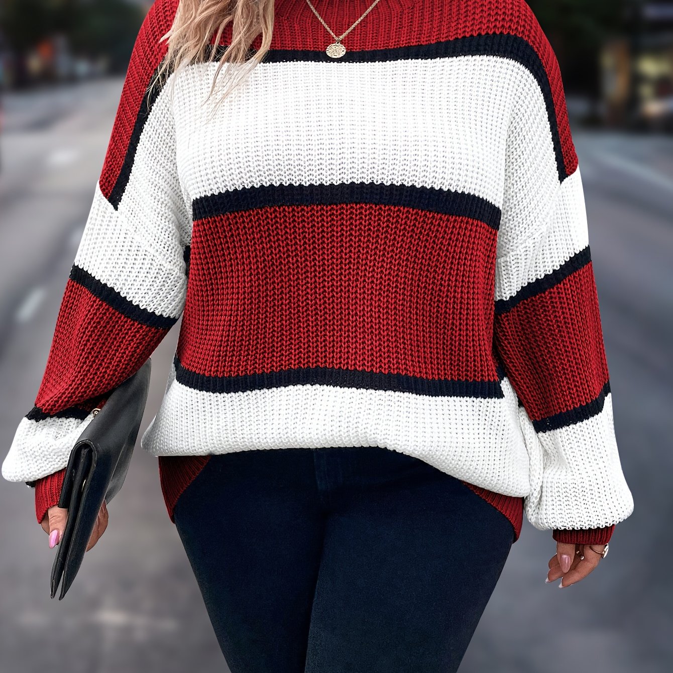 Übergröße, Neuer gestreifter Pullover für Damen Herbst/Winter, Farbblock-Lässig-Stil, Langarmshirt mit Rundhalsausschnitt
