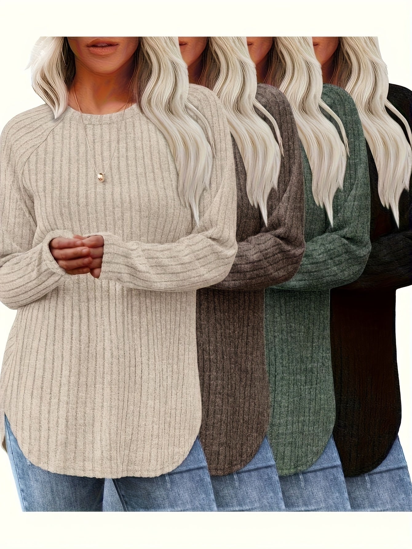 Vierteiliges Set Damenmode Oberteil Herbst Winter Basic Locker Elegant Rundhals Langarm Pullover