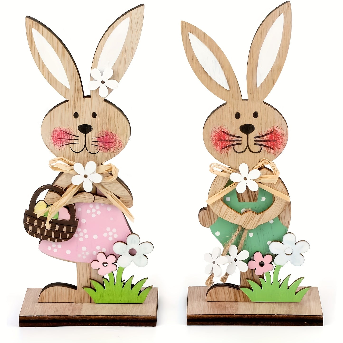 2D Flach, 2 Stück Holz-Osterhasen-Schreibtisch-Dekorationsset mit Blumenakzenten und Korb - Kein Stromanschluss erforderlich, perfekt für Garten- und Heimdekoration, Hasen-Zubehör, 2D Flach