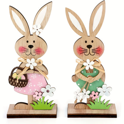 2D Flach, 2 Stück Holz-Osterhasen-Schreibtisch-Dekorationsset mit Blumenakzenten und Korb - Kein Stromanschluss erforderlich, perfekt für Garten- und Heimdekoration, Hasen-Zubehör, 2D Flach