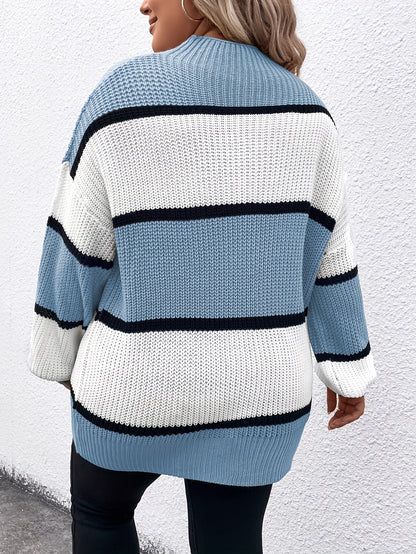 Übergröße, Neuer gestreifter Pullover für Damen Herbst/Winter, Farbblock-Lässig-Stil, Langarmshirt mit Rundhalsausschnitt