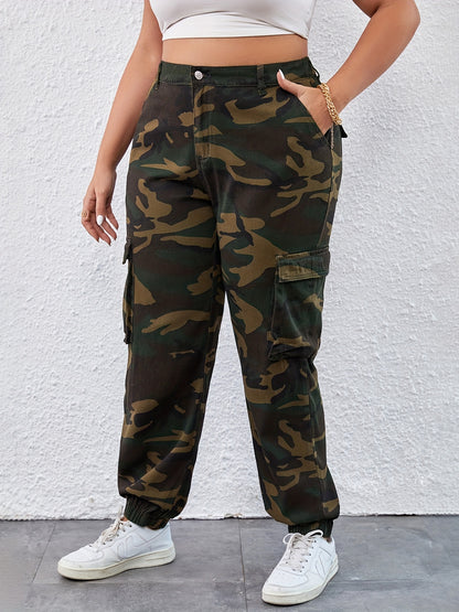 Damen Camouflage Cargo Jeans aus Denim - Hohe Taille, lockere Passform mit mehreren Taschen, elastischer Bund für schlankmachenden Effekt, Streetstyle-Mode, Frühling, SY28029, Große Größen