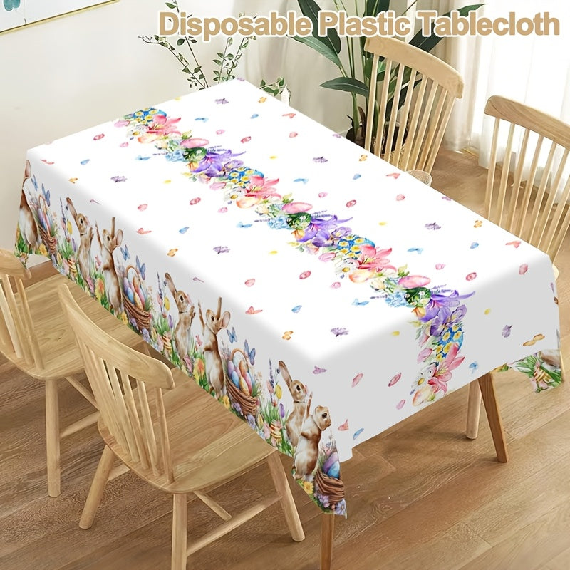 1 Stück festliche Tischdecke mit verspielten Motiven von Hasen, Ostereiern und Tulpen, Maße 130 x 220 cm. Diese Einweg-Kunststoff-Tischdecke in rechteckiger Form ist perfekt für Osterfeiern, Picknicks und heimisches Essen.