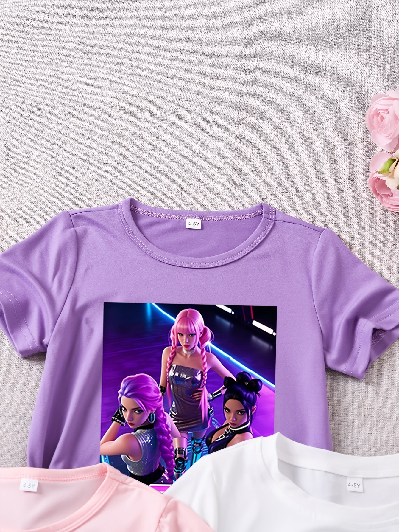 3 Stück Mädchen Sommer Kurzarm "K-POP Prinzessin Süßer Cooler Stil" Cartoon Print T-Shirts | Rundhalsausschnitt, Reguläre Passform, Lässige Strickoberteile für Mädchen