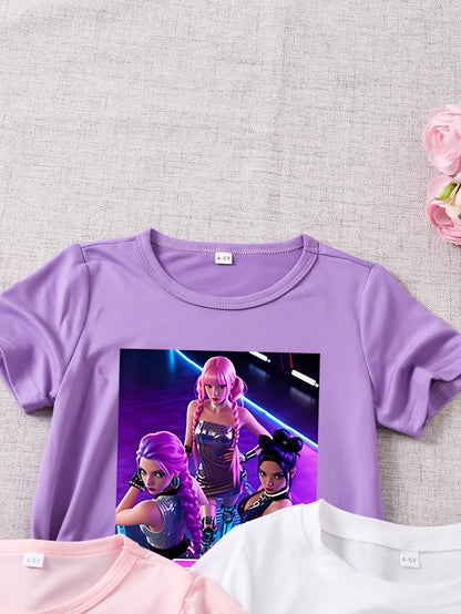 3 Stück Mädchen Sommer Kurzarm "K-POP Prinzessin Süßer Cooler Stil" Cartoon Print T-Shirts | Rundhalsausschnitt, Reguläre Passform, Lässige Strickoberteile für Mädchen