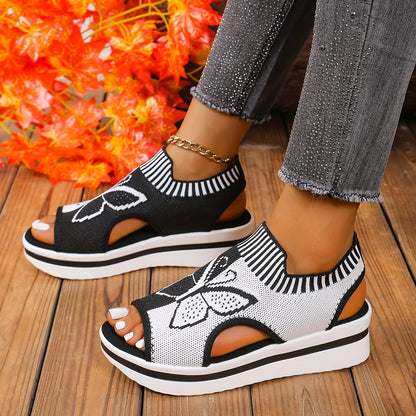 Atmungsaktive gestrickte Mesh-Damen-Casual-Sandalen mit Schmetterlingsmuster | Offene Zehen, Riemchen hinten, Positionierungsdruck, Synthetisches Kunstleder-Fußbett, Stoffinnendetails, TPR-Sohle