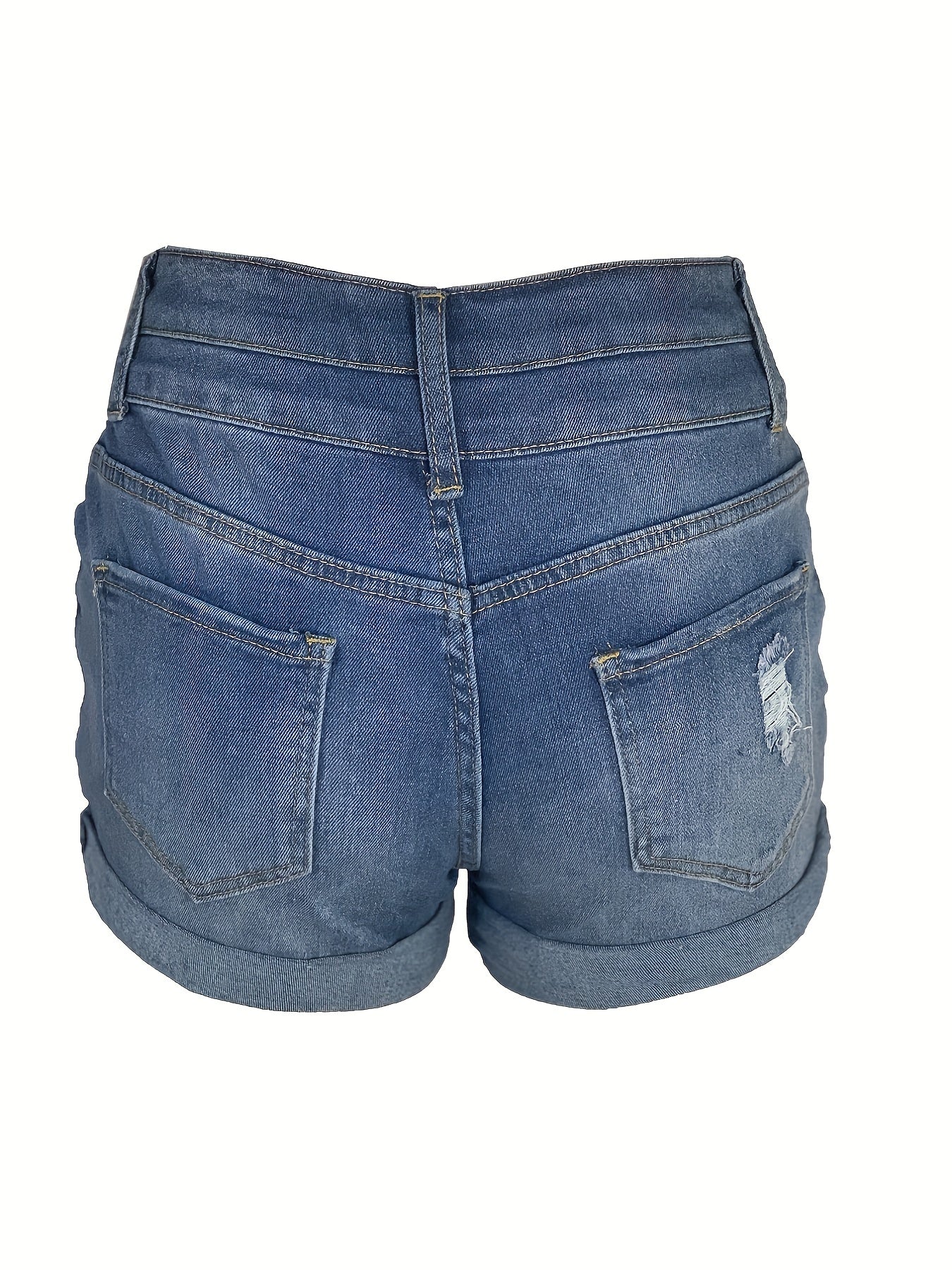 Umgeschlagene Jeansshorts mit Rissen, Mittlere Stretch-Jeansshorts mit eingeschnittenen Taschen, Damenjeans & Kleidung