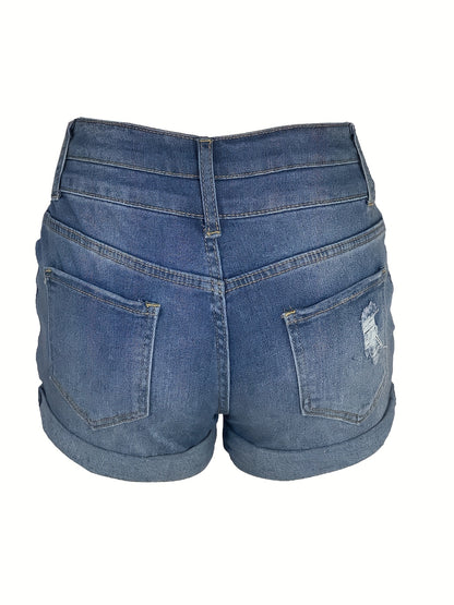 Umgeschlagene Jeansshorts mit Rissen, Mittlere Stretch-Jeansshorts mit eingeschnittenen Taschen, Damenjeans & Kleidung