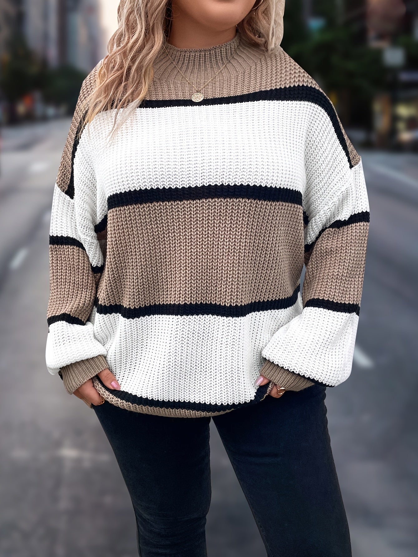 Übergröße, Neuer gestreifter Pullover für Damen Herbst/Winter, Farbblock-Lässig-Stil, Langarmshirt mit Rundhalsausschnitt