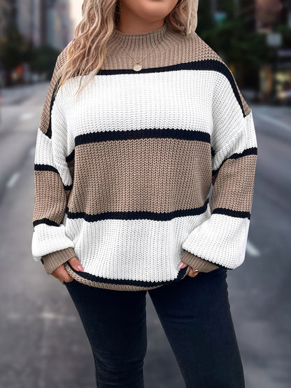 Übergröße, Neuer gestreifter Pullover für Damen Herbst/Winter, Farbblock-Lässig-Stil, Langarmshirt mit Rundhalsausschnitt