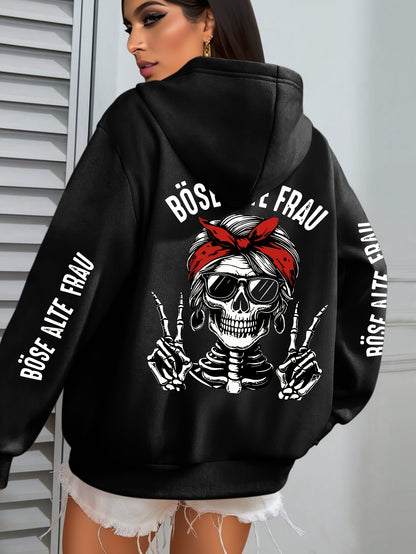 Große Größen  - Hoodie mit Totenkopf-Muster - Böse Alte Frau Druck