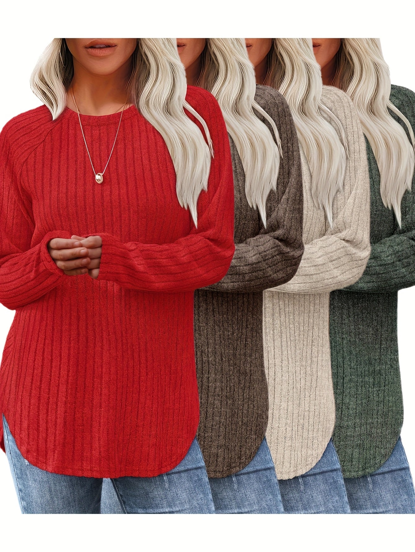 Vierteiliges Set Damenmode Oberteil Herbst Winter Basic Locker Elegant Rundhals Langarm Pullover