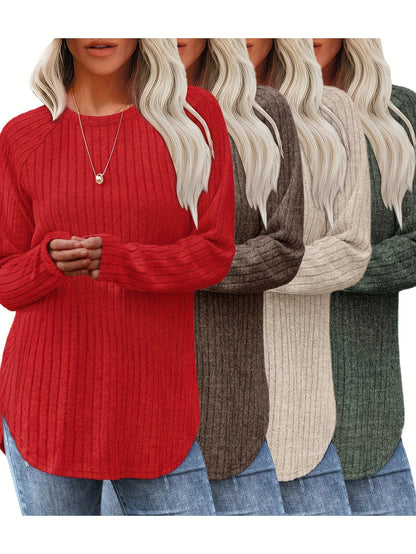 Vierteiliges Set Damenmode Oberteil Herbst Winter Basic Locker Elegant Rundhals Langarm Pullover