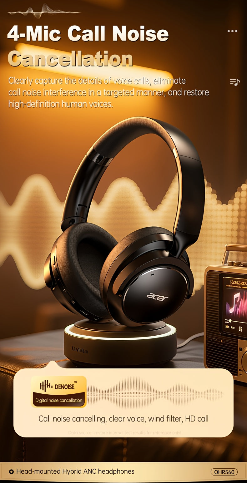 Acer Ohr560 Kabellose Kopfhörer | Over-Ear mit ANC Geräuschunterdrückung, Vollumfassendes Ohrdesign, Faltbar, Eingebautes Kondensatormikrofon, Hi-Fi Stereo Sound, HD ENC Anrufgeräuschreduzierung, Kompatibel mit 3,5-mm-Audiokabel, USA