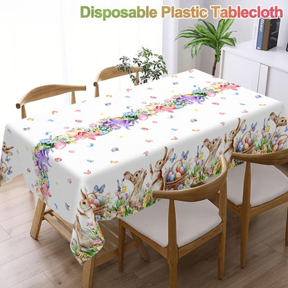 1 Stück festliche Tischdecke mit verspielten Motiven von Hasen, Ostereiern und Tulpen, Maße 130 x 220 cm. Diese Einweg-Kunststoff-Tischdecke in rechteckiger Form ist perfekt für Osterfeiern, Picknicks und heimisches Essen.