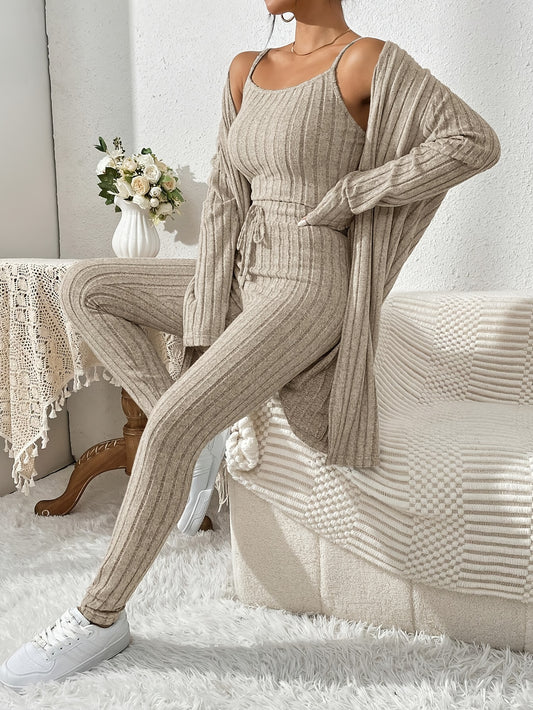 Übergröße, Damen Freizeit Strickjacke mit langen Ärmeln, Top und enge Hose Set, Übergröße Damen Herbst/Winter Dreiteiliges Hosen-Set