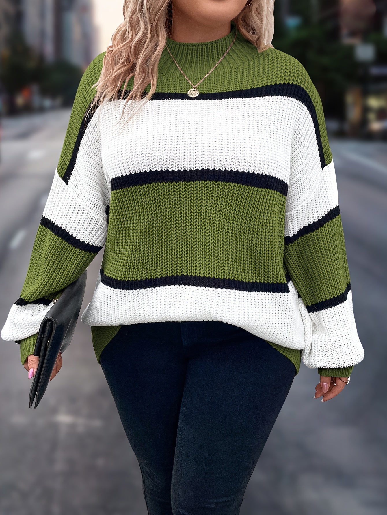 Übergröße, Neuer gestreifter Pullover für Damen Herbst/Winter, Farbblock-Lässig-Stil, Langarmshirt mit Rundhalsausschnitt