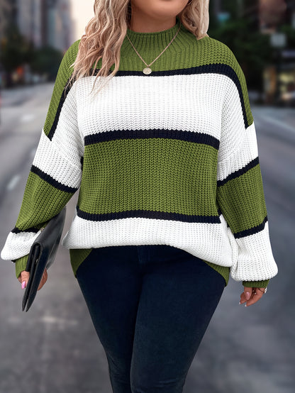 Übergröße, Neuer gestreifter Pullover für Damen Herbst/Winter, Farbblock-Lässig-Stil, Langarmshirt mit Rundhalsausschnitt