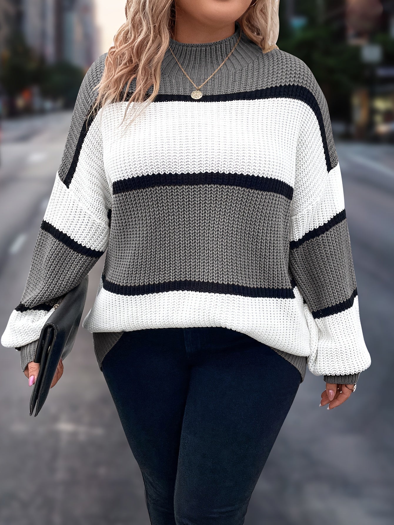 Übergröße, Neuer gestreifter Pullover für Damen Herbst/Winter, Farbblock-Lässig-Stil, Langarmshirt mit Rundhalsausschnitt